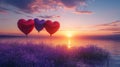 Heart Shaped Balloons Sunset Lavender Field Royalty Free Stock Photo