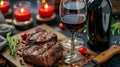 Heart-shaped beef steak accompanied by a bottle of red wine and two glasses Royalty Free Stock Photo