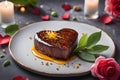 Heart-shaped beef steak of varying degrees of doneness on a white plate with spices, flowers and burning candles, dark