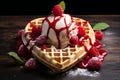 Heart shaped belgian waffles with Ice-cream and berries on dark background. Tasty breakfast. Happy Valentine's Day Royalty Free Stock Photo