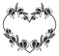 Heart-shaped black and white frame with floral silhouettes. Royalty Free Stock Photo