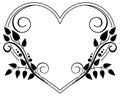 Heart-shaped black and white frame with floral silhouettes. Raster clip art. Royalty Free Stock Photo