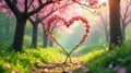 Heart-shaped blossoms create a romantic scene in a sunlit spring garden, framed by the delicate branches of flowering trees, Royalty Free Stock Photo