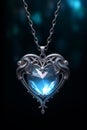 Heart shaped blue necklace pendant - silver chain - black background - blue glow - blue topaz