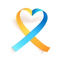 Heart shaped blue yellow ribbon over white background. Template symbol for World down syndrome day March 21. Vector Royalty Free Stock Photo