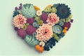 Heart shaped bouquet of beautiful fresh flowers on pastel background. Minimal Valentines Day, Easter, wedding or Mothers