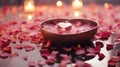 A heart shaped bowl with rose petals and a candle in it, AI Royalty Free Stock Photo