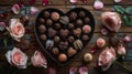 Heart-shaped box of assorted chocolates with roses - generative ai Royalty Free Stock Photo