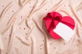 Heart shaped box with blank greeting card mockup. Happy Valentines day, Mothers day, birthday concept Royalty Free Stock Photo