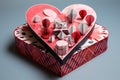 A heart-shaped box brimming with numerous paper notes neatly stacked inside, A quirky assymetrical Valentine\'s Day Royalty Free Stock Photo