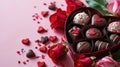 Heart shaped box of chocolate pralines with red roses for Valentine\'s day isolated on pink with copy space Royalty Free Stock Photo