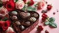 Heart shaped box of chocolate pralines with red roses for Valentine\'s day isolated on pink with copy space Royalty Free Stock Photo