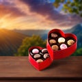 Heart shaped box of chocolates, a variety sweet treat to celebrate romance, love and Valentine\'s day