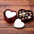 Heart shaped box of chocolates, a variety sweet treat to celebrate romance, love and Valentine\'s day