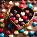 Heart shaped box of chocolates, a variety sweet treat to celebrate romance, love and Valentine\'s day