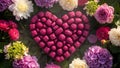 Heart-shaped box of chocolates surrounded by flowers Royalty Free Stock Photo