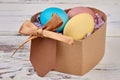 Heart shaped box, Easter eggs. Royalty Free Stock Photo
