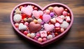 A heart-shaped box full of various Valentines Day candies and chocolates adorned with romantic pink and red confections perfect