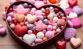 A heart-shaped box full of various Valentines Day candies and chocolates adorned with romantic pink and red confections perfect