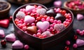 A heart-shaped box full of various Valentines Day candies and chocolates adorned with romantic pink and red confections perfect