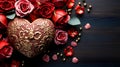 heart-shaped box with ornate designs, red and pink roses and petals, with golden beads on a dark wooden background