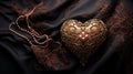 A heart shaped box with pearls and a chain on black cloth, AI Royalty Free Stock Photo