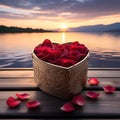 Heart shaped box with rose flowers inside surrounded by rose petals on wooden berth floor