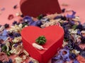 Heart shaped boxes and flower confetti or potpourri on a pink background. Royalty Free Stock Photo