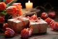 Heart shaped boxes present vibrant red tulips threaded tulips and seeds neatly arranged on a table, palm sunday crafts picture