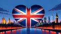 A heart-shaped British flag Union Jack , London skyline at dusk backdrop, city lights Royalty Free Stock Photo