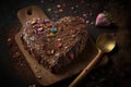 heart-shaped brownie with a drizzle of chocolate, a sprinkle of nuts and candy hearts