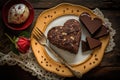 heart-shaped brownie on a plate, surrounded by other desserts