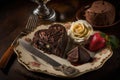 heart-shaped brownie on a plate, surrounded by other desserts