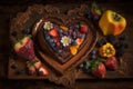 heart-shaped brownie on platter with colorful fruit and decorations