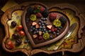 heart-shaped brownie on platter with colorful fruit and decorations