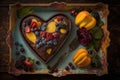 heart-shaped brownie on platter with colorful fruit and decorations