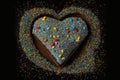 heart-shaped brownie surrounded with colorful heart of sprinkles