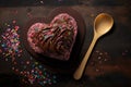 heart-shaped brownie with swirling chocolate frosting and sprinkles