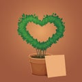 Heart-shaped bush. Decorative potted plant with a blank card. Valentine`s day poster template. Vector illustration. Love,