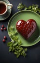 Heart-shaped cake covered with red icing on green plate, on dark gray table. Decorated with green flowering twigs. Top view Royalty Free Stock Photo