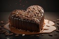 heart-shaped cake with drizzle of melted chocolate and sprinkling of crushed nuts