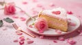 a heart shaped cake on a pink table with roses and rosepetals Royalty Free Stock Photo