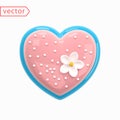 Heart shaped cake. Realistic cookie. Love concept, Happy Valentine`s Day. Pink cookies with blue edging and decorative white dais