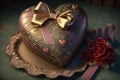 heart-shaped cake surrounded by giftwrap, with a bow and heart-shaped lock