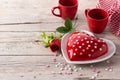 Heart shaped cake for Valentine`s Day or mother`s day on wooden table Royalty Free Stock Photo