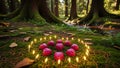 Heart-shaped candles in forest setting Royalty Free Stock Photo