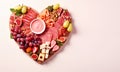 Heart-shaped charcuterie board filled with assorted meats, cheeses, fruits and nuts for Valentine's day party