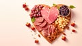 Heart-shaped charcuterie board filled with assorted meats, fruits and nuts for Valentine's day party