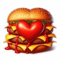 Heart-Shaped Cheeseburger with Ketchup and Lettuce