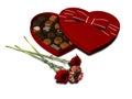 Heart shaped chocolate box and carnations.